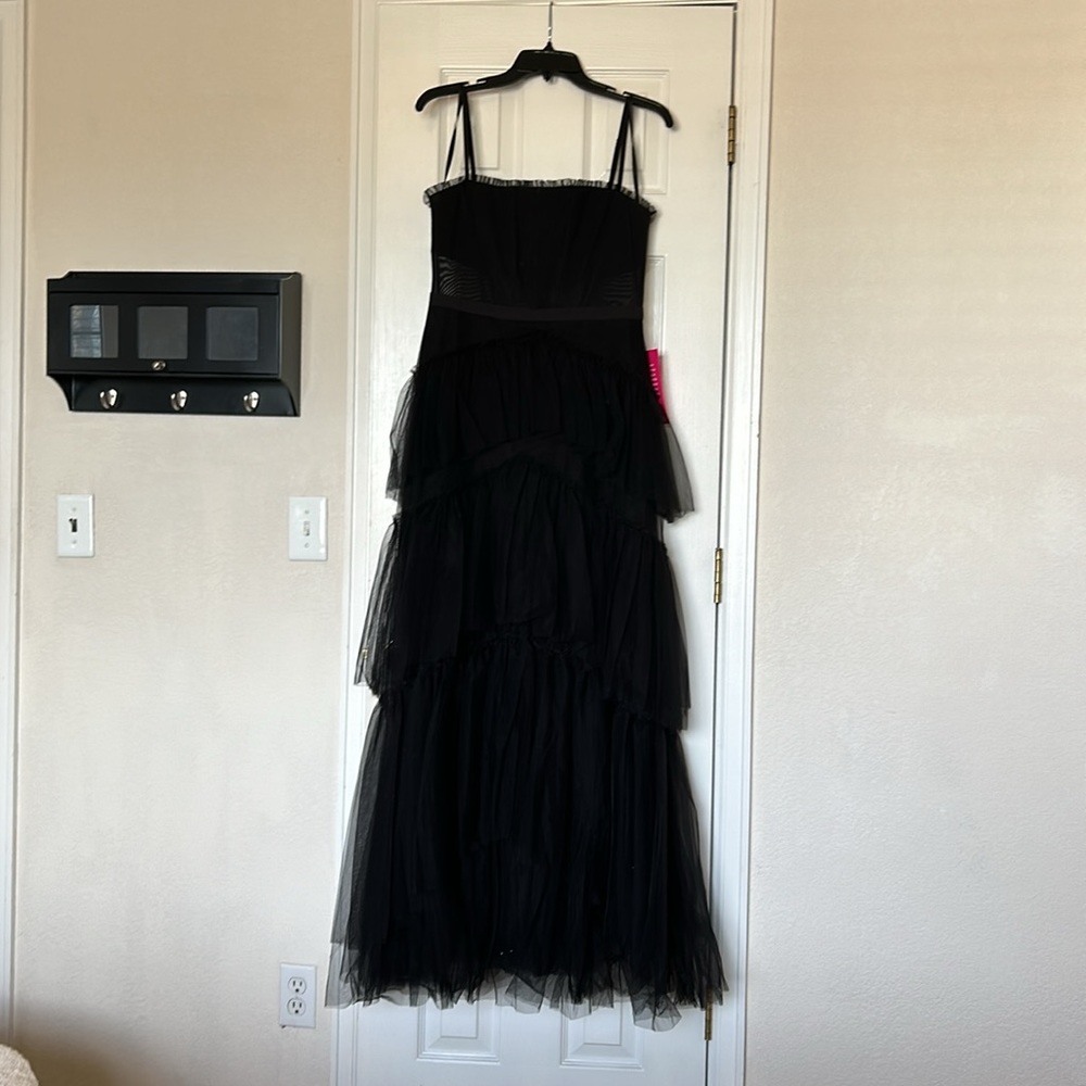 Betsy & Adams Illusion Tiered Ruffled Tulle Square Neck Mesh Sleeveless Gown